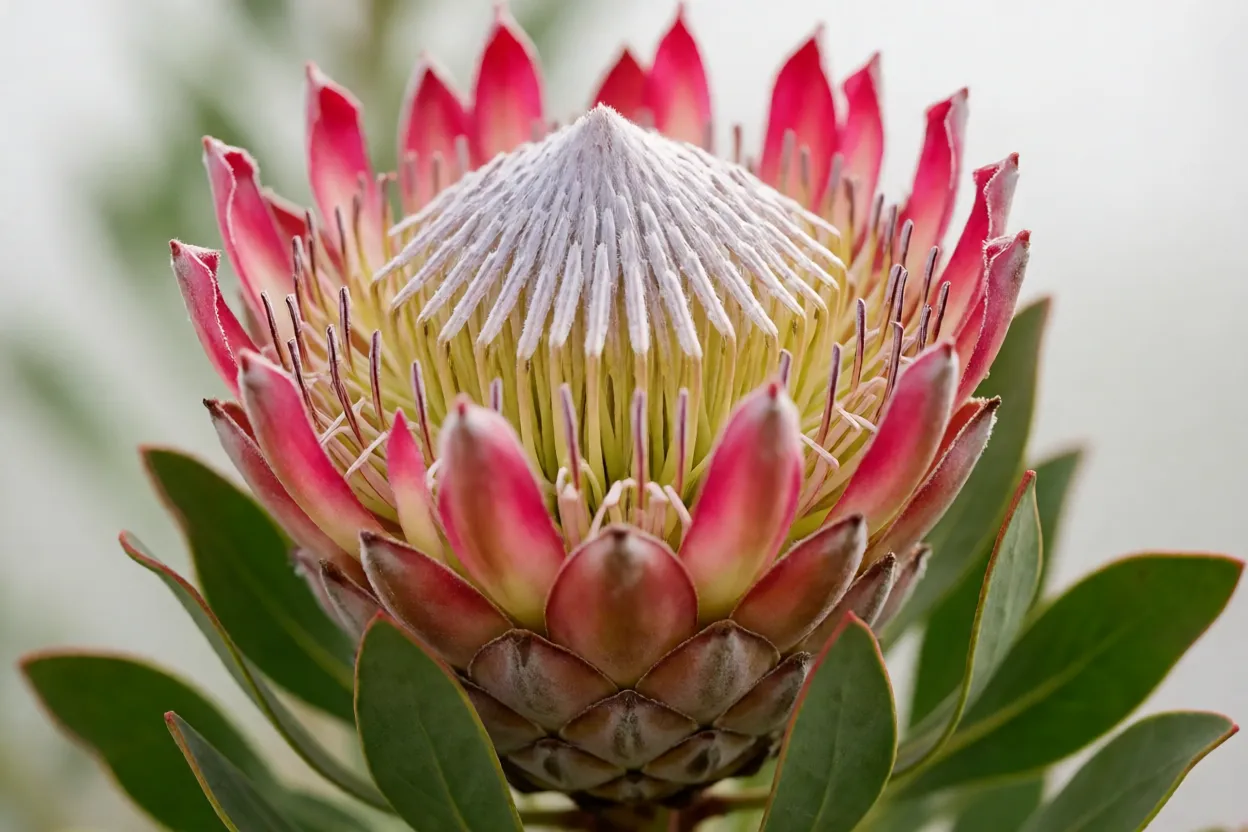 Protea: tipos, formatos das flores, cores e cuidados no cultivo Detalhe das brácteas e do centro de uma flor de protea em formato de taça