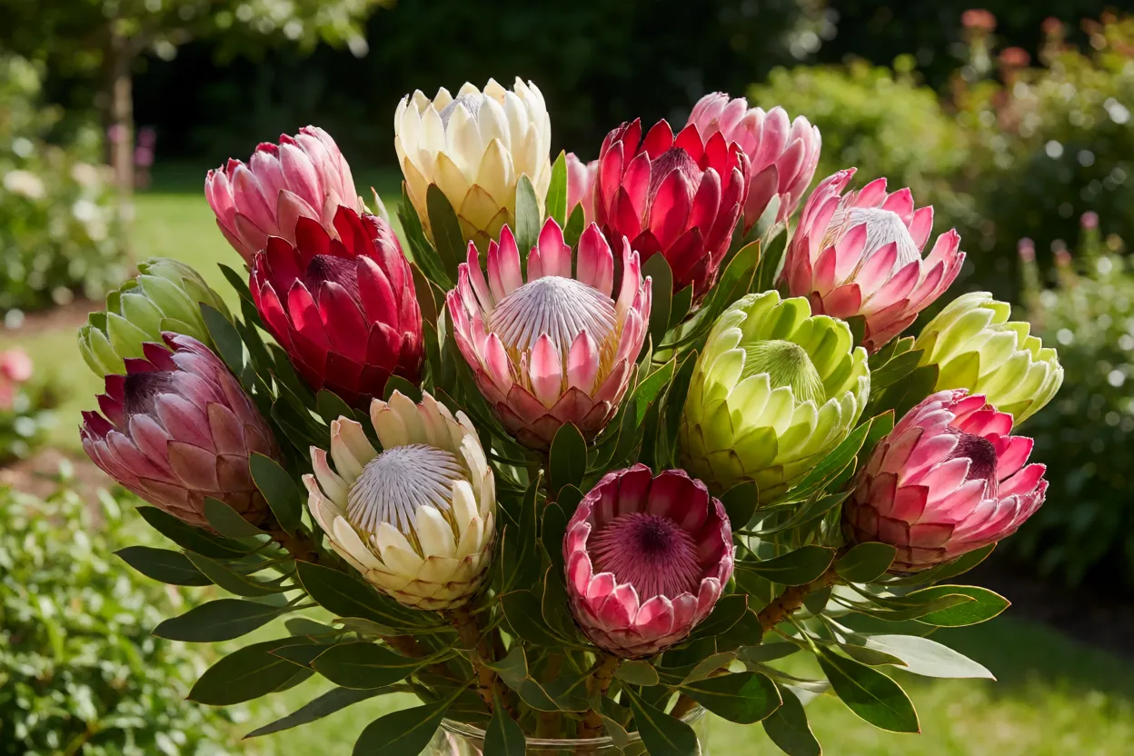 Protea: tipos, formatos das flores, cores e cuidados no cultivo Flores de protea em rosa, vermelho, creme e verde-limão lado a lado