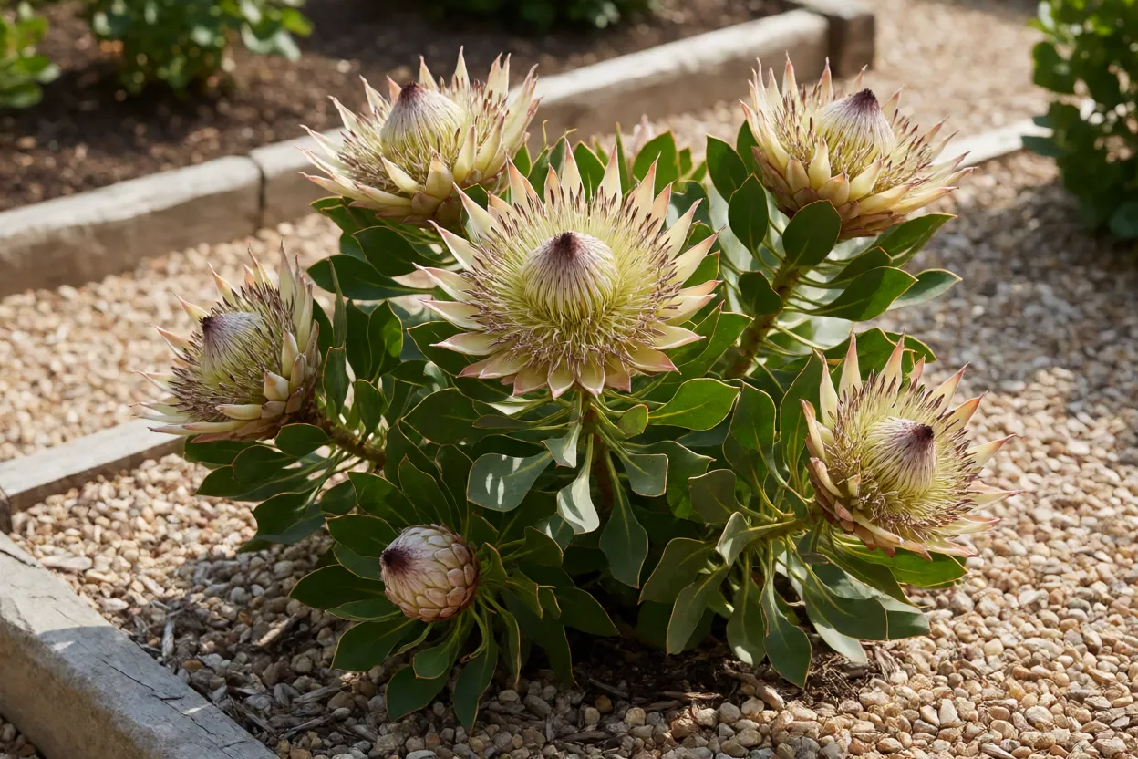 Protea: tipos, formatos das flores, cores e cuidados no cultivo Arbusto de protea em canteiro ensolarado e bem drenado
