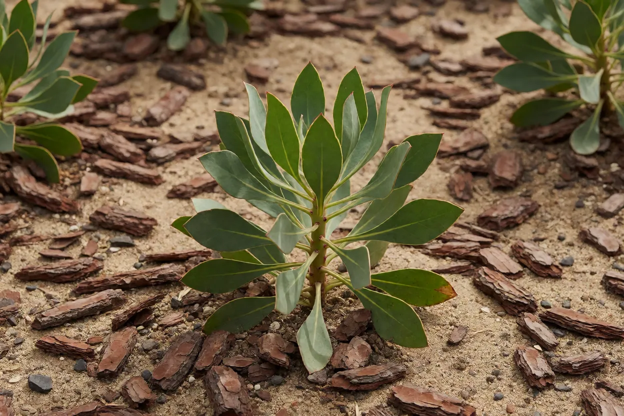 Protea: tipos, formatos das flores, cores e cuidados no cultivo Solo arenoso com casca de pinus ao redor de uma muda de protea