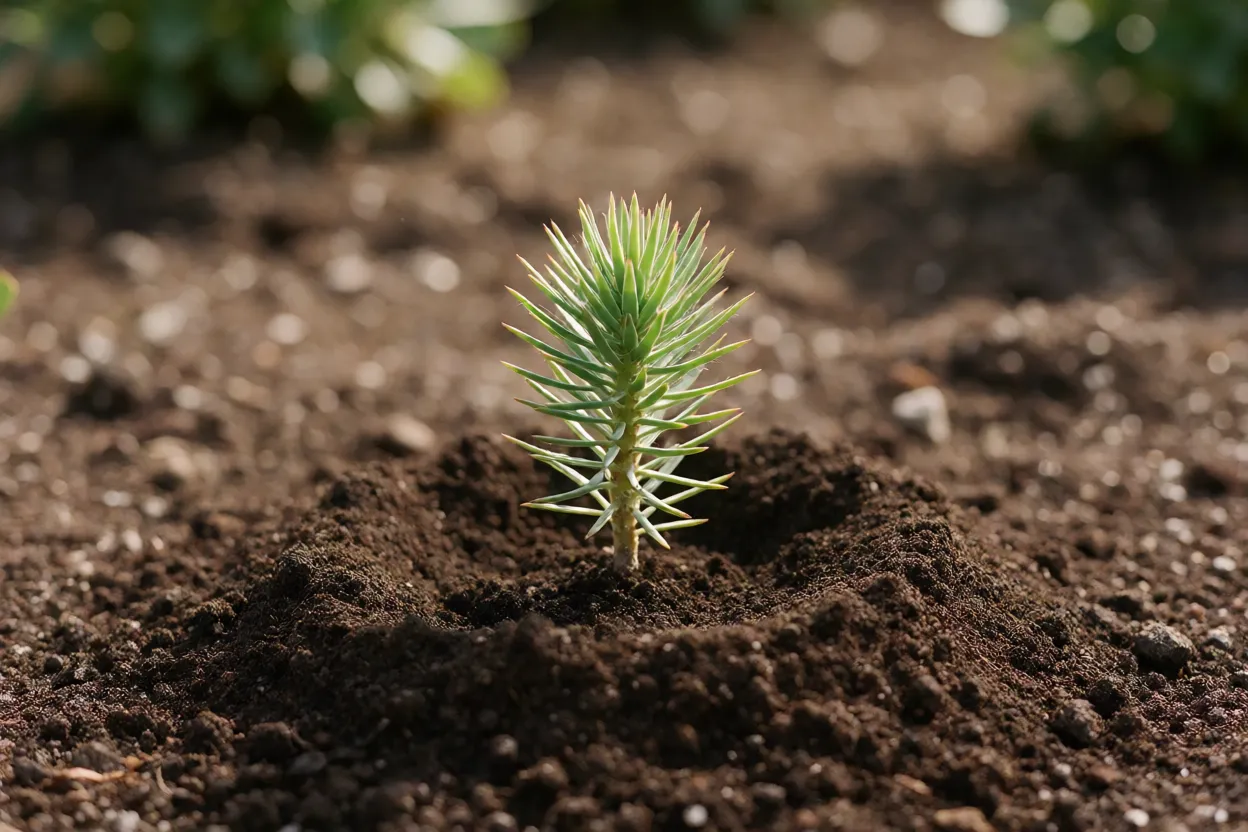Protea: tipos, formatos das flores, cores e cuidados no cultivo Muda jovem de protea sendo plantada em montículo de solo drenado