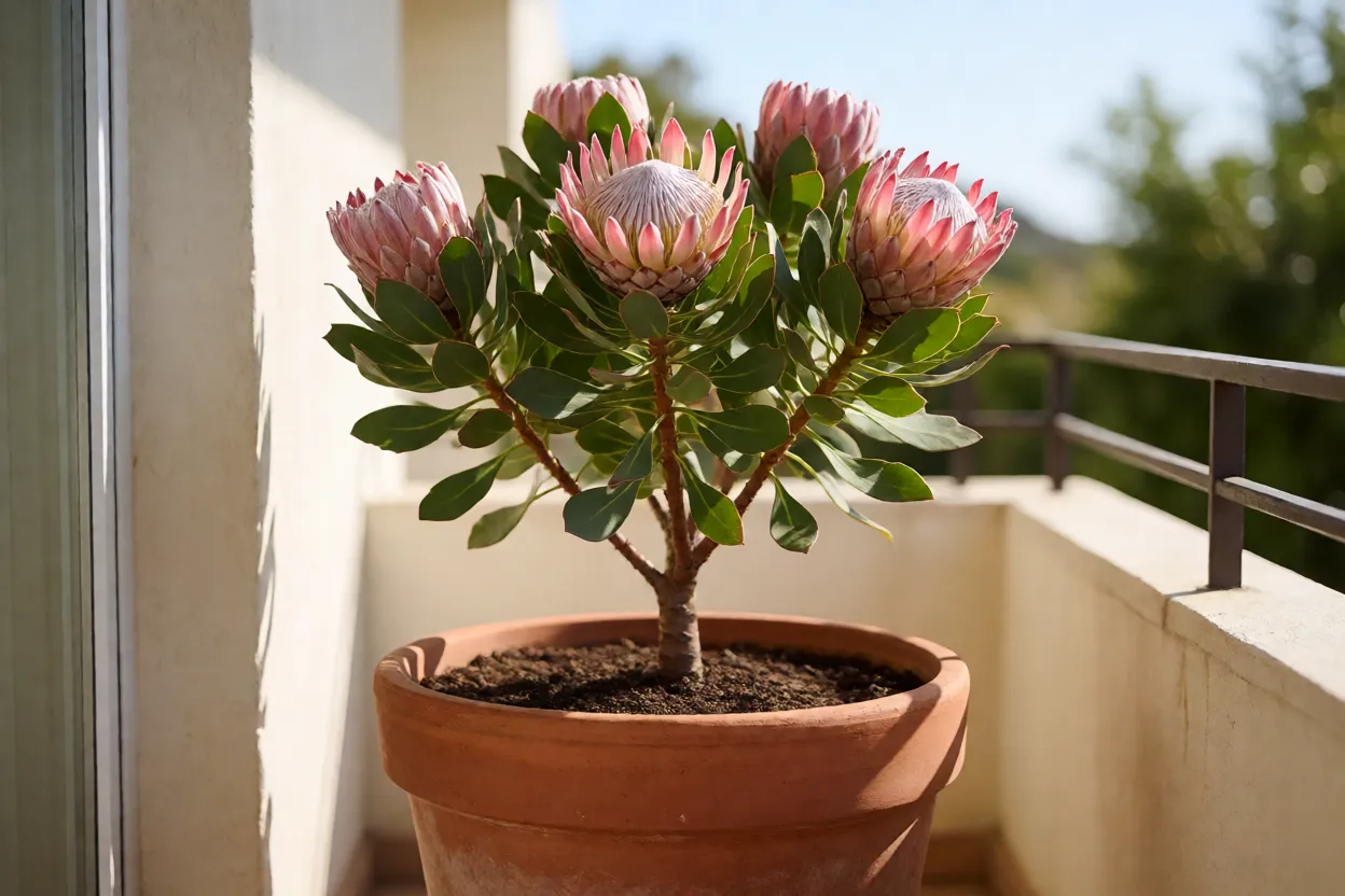 Protea: tipos, formatos das flores, cores e cuidados no cultivo Protea compacta cultivada em vaso grande de terracota na varanda