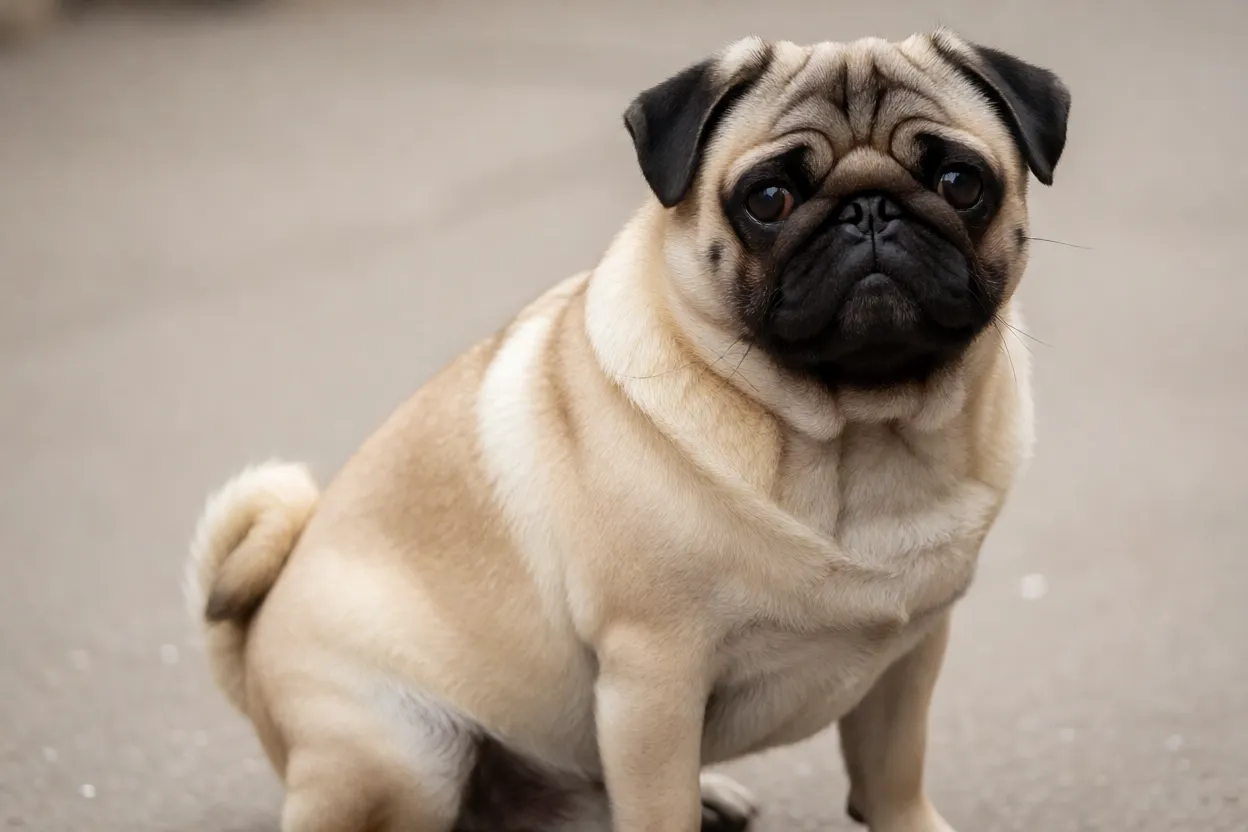 Pug fawn com express&atilde;o t&iacute;pica de olhos grandes e focinho curto