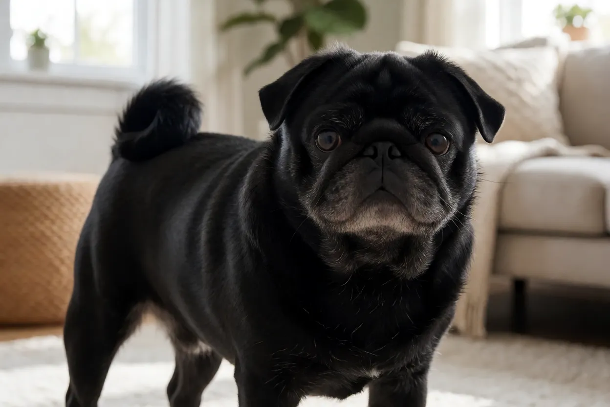Pug brincando de forma divertida com express&atilde;o engra&ccedil;ada