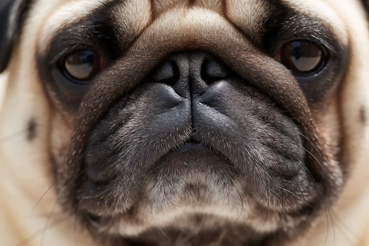 Close-up do focinho curto e narinas do Pug
