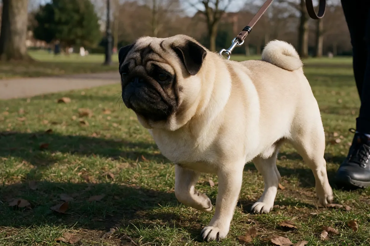 Pug andando na coleira em ritmo calmo