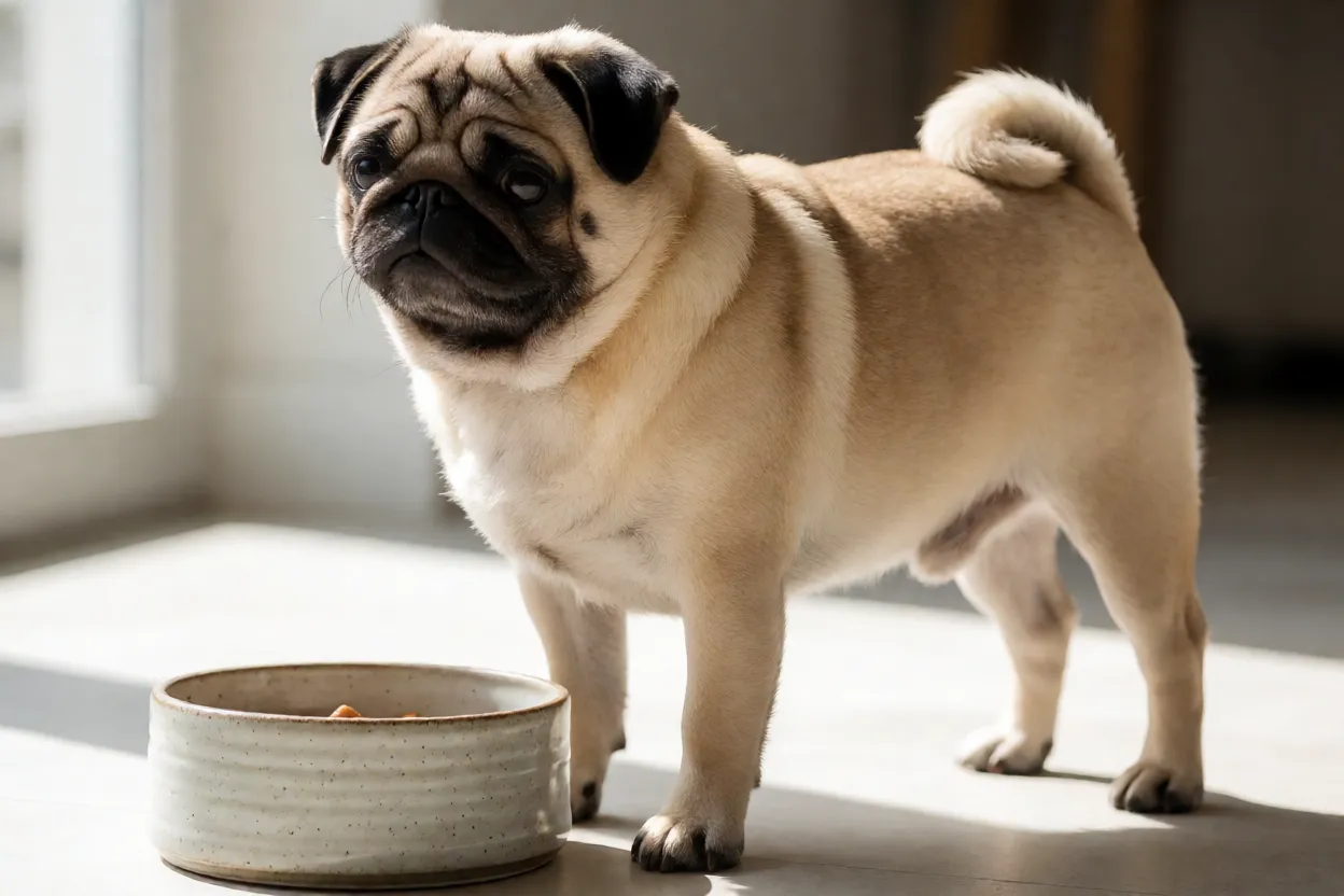 Pug magro e saud&aacute;vel ao lado de tigela de ra&ccedil;&atilde;o