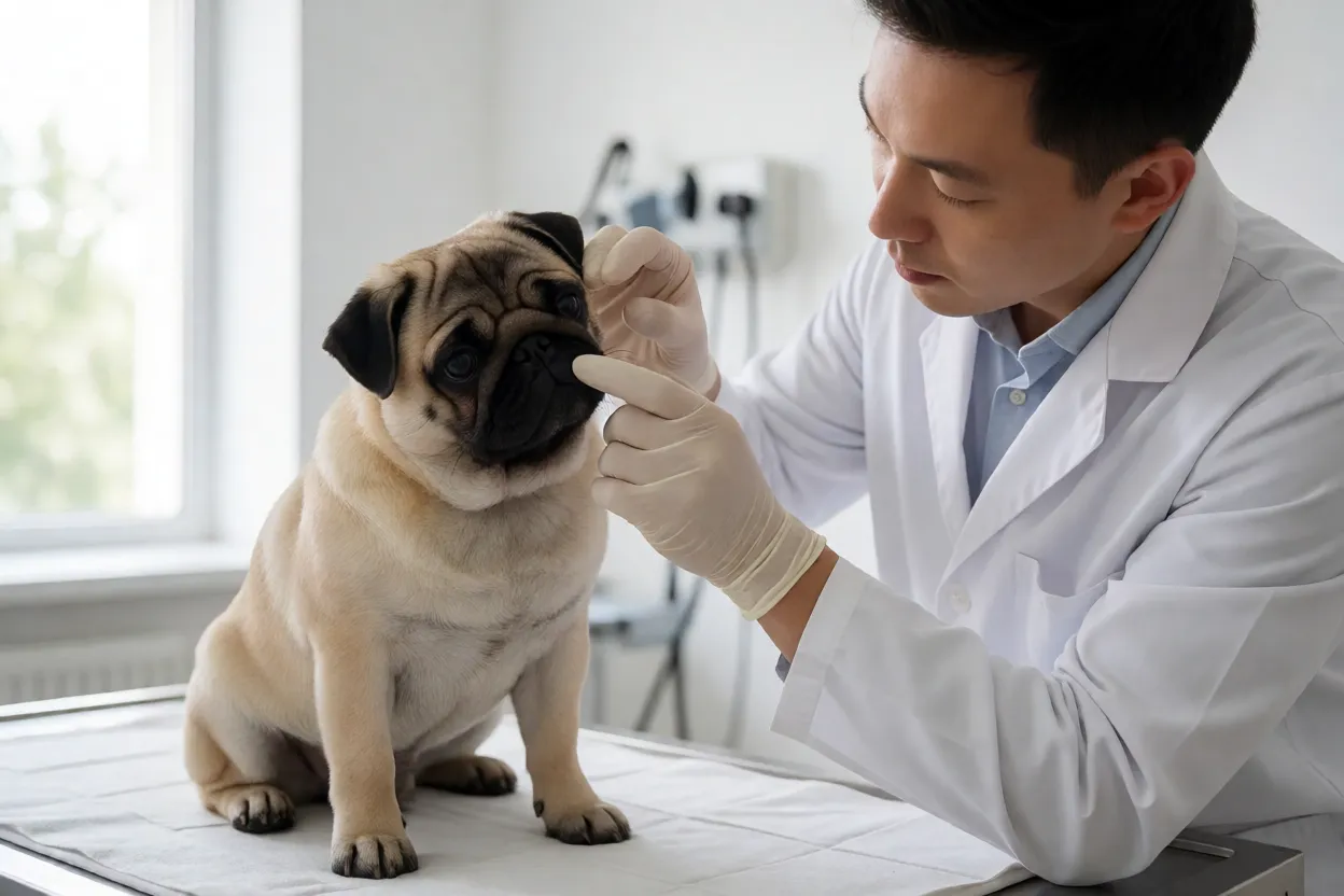 Veterin&aacute;rio examinando os olhos de um Pug