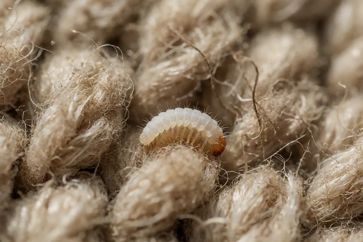 Larva de pulga branca e alongada entre fibras de tapete