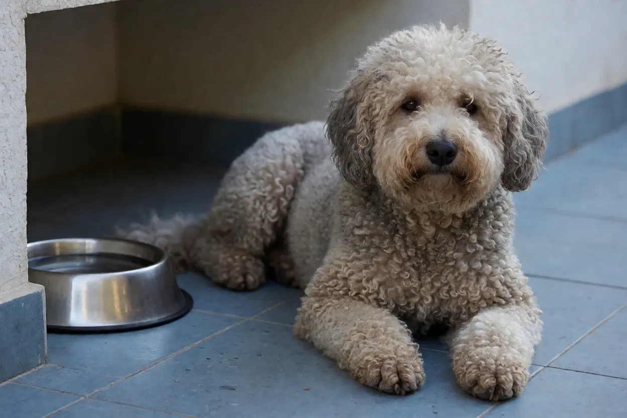 Puli deitado na sombra em um piso frio, com &aacute;gua ao lado