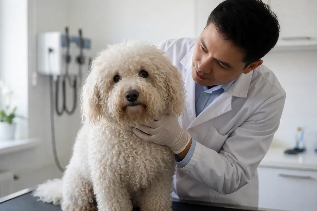 Veterin&aacute;rio examinando os olhos de um Puli em consult&oacute;rio