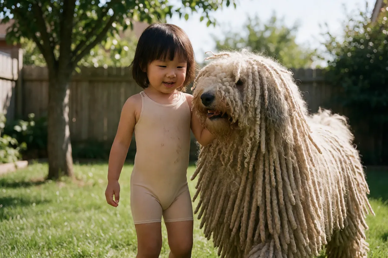 Puli brincando com uma crian&ccedil;a em um quintal, sob supervis&atilde;o