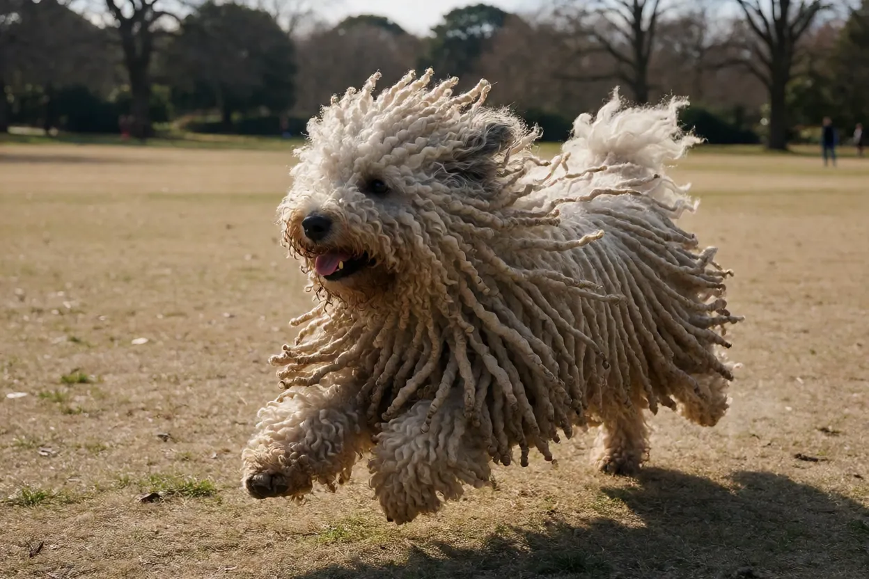 Puli correndo em um parque aberto durante a caminhada