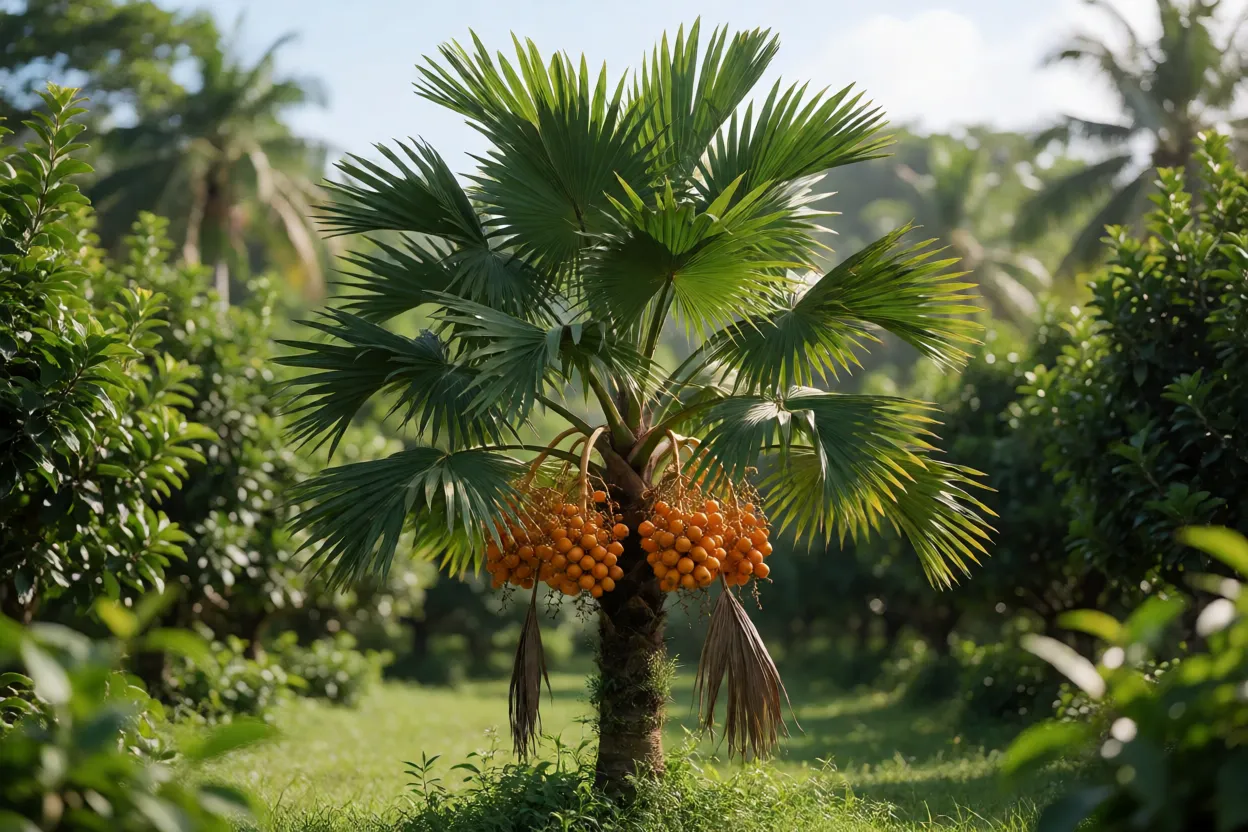 Pupunheira com cachos de frutos alaranjados na árvore