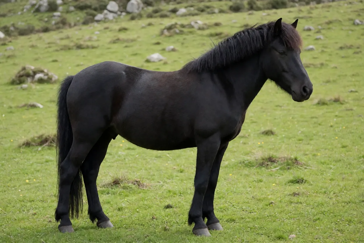 Cavalo Pura Raça Galega adulto de pelagem preta em pasto montanhoso da Galícia, vista lateral
