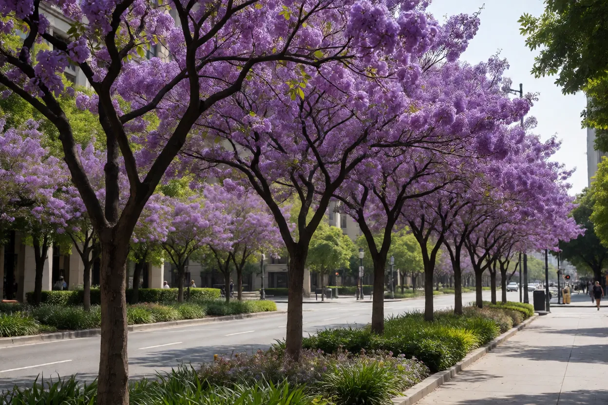 Quaresmeira: características, floração, cores e cuidados com a árvore Quaresmeiras alinhadas em arborização de rua urbana