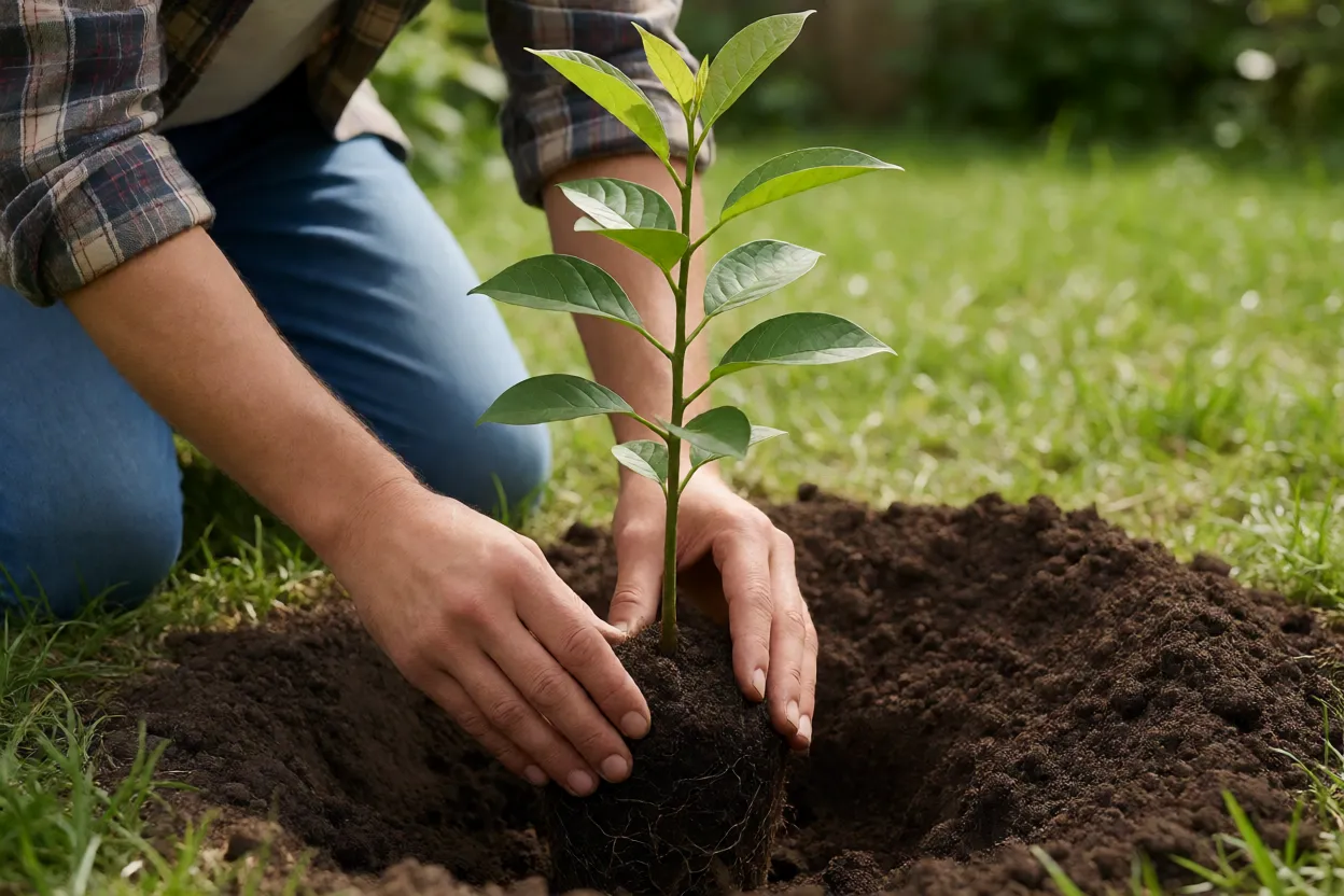 Quaresmeira: características, floração, cores e cuidados com a árvore Muda de quaresmeira sendo plantada no solo