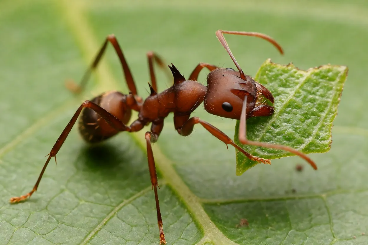 Quenquém (Acromyrmex) carregando fragmento de folha em trilha