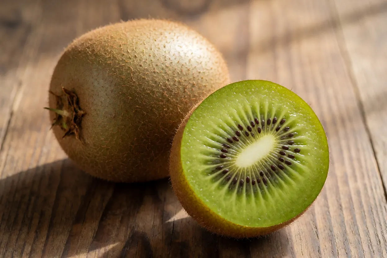 Frutos de quivi-resistente inteiros e cortados mostrando polpa verde