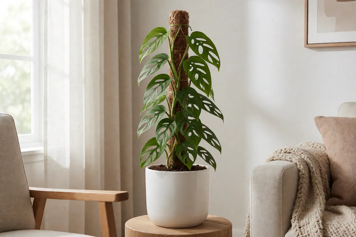 Ráfisora-tetrasperma adulta em vaso branco com tutor de musgo em sala iluminada