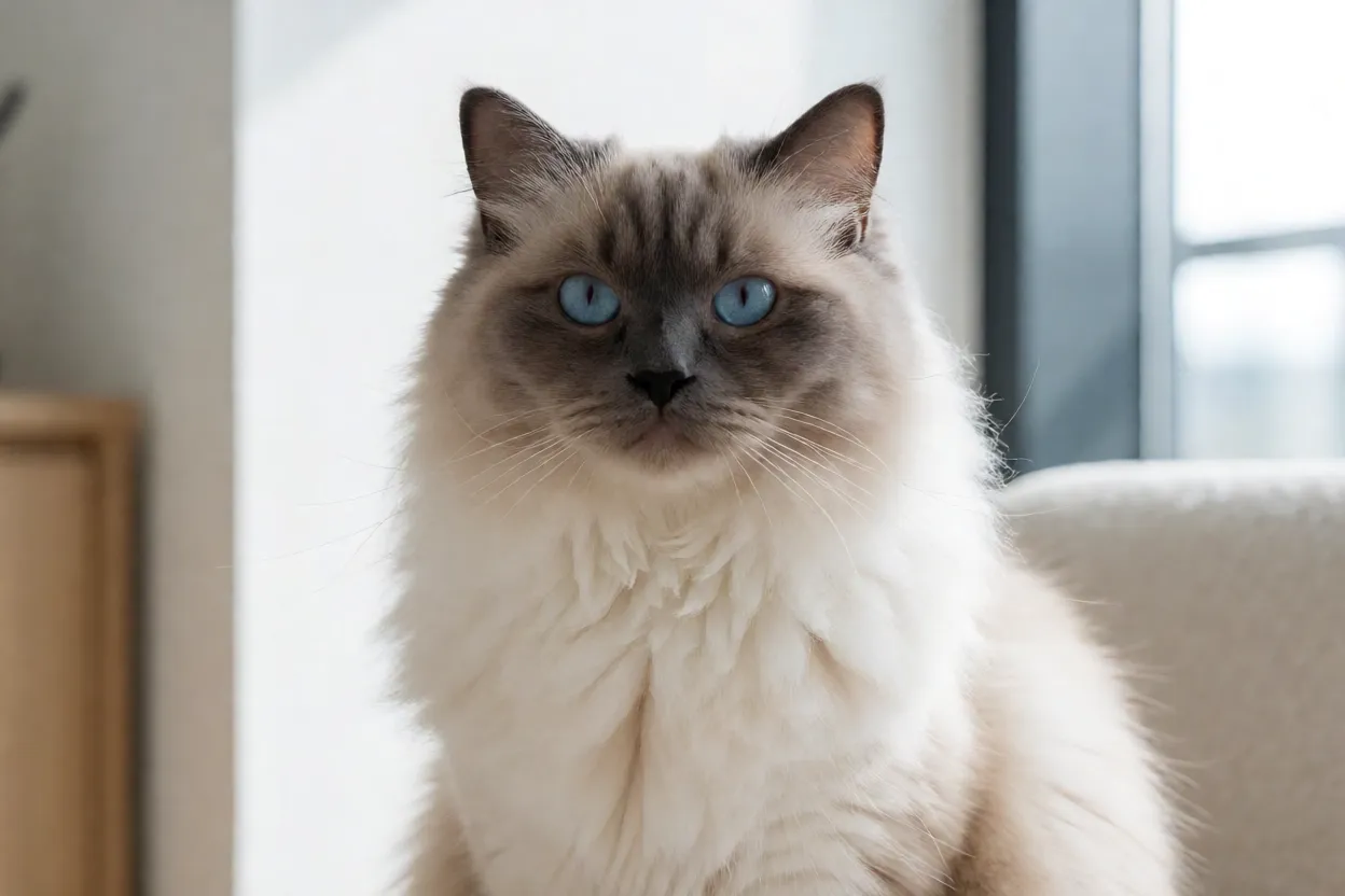 Ragdoll: personalidade, pelagem e tudo sobre a raça Gato Ragdoll adulto de pelagem clara e olhos azuis olhando para a câmera