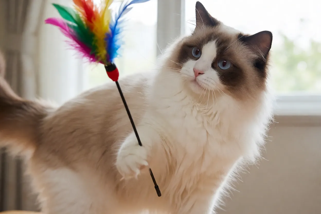 Ragdoll: personalidade, pelagem e tudo sobre a raça Ragdoll brincando com varinha de penas