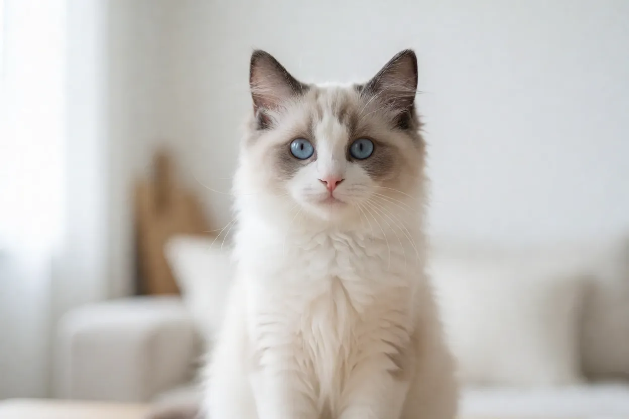 Ragdoll: personalidade, pelagem e tudo sobre a raça Filhote de Ragdoll sentado em ambiente limpo de criador