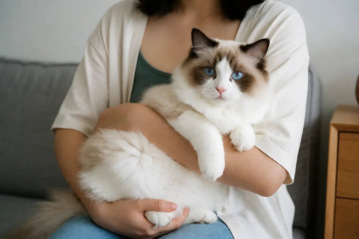 Ragdoll: personalidade, pelagem e tudo sobre a raça Ragdoll deitado no colo de uma pessoa de forma relaxada