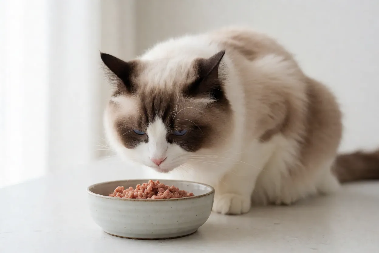 Ragdoll: personalidade, pelagem e tudo sobre a raça Ragdoll comendo ração úmida em pote de cerâmica