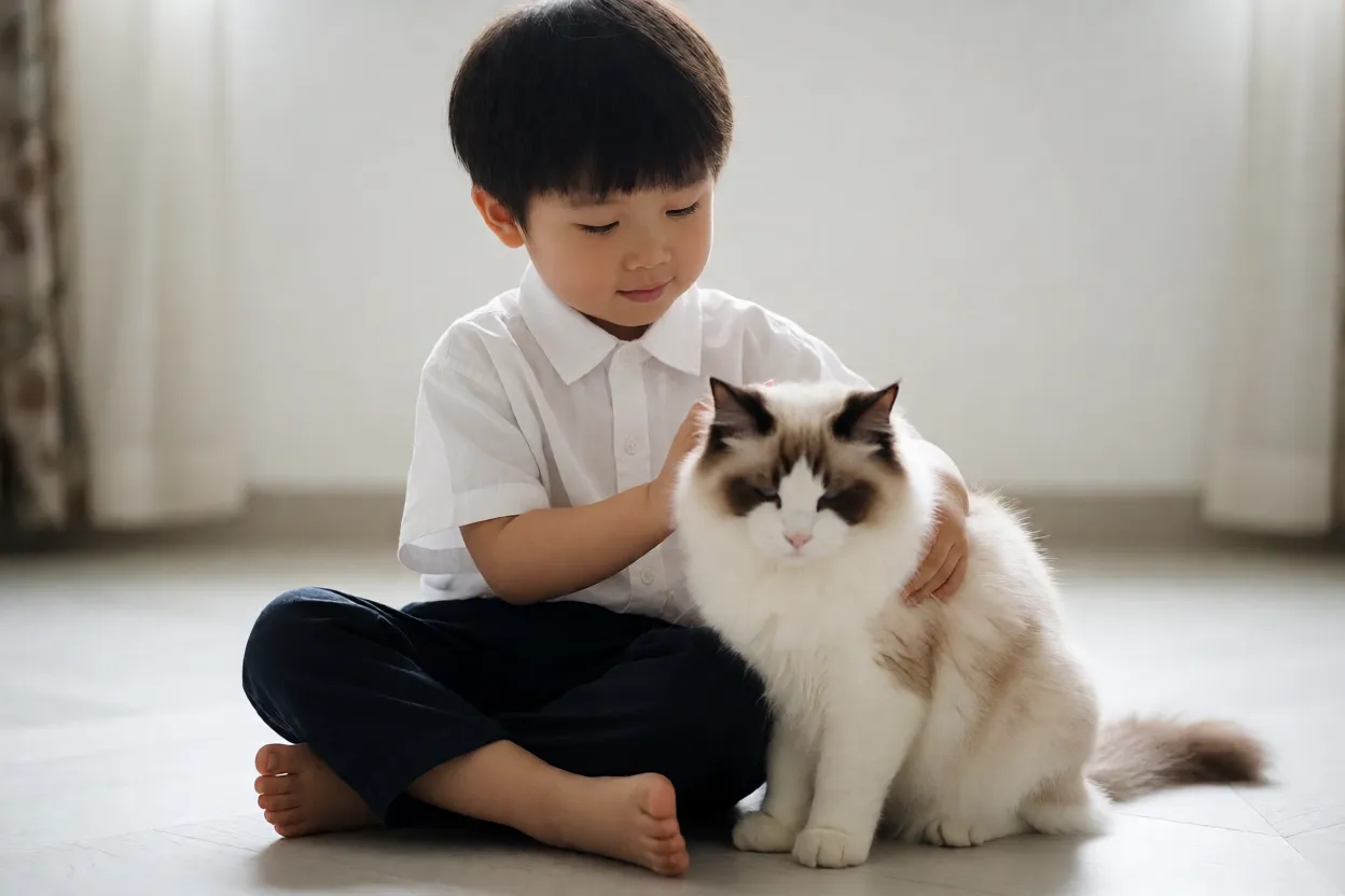 Ragdoll: personalidade, pelagem e tudo sobre a raça Criança acariciando um Ragdoll tranquilo no chão