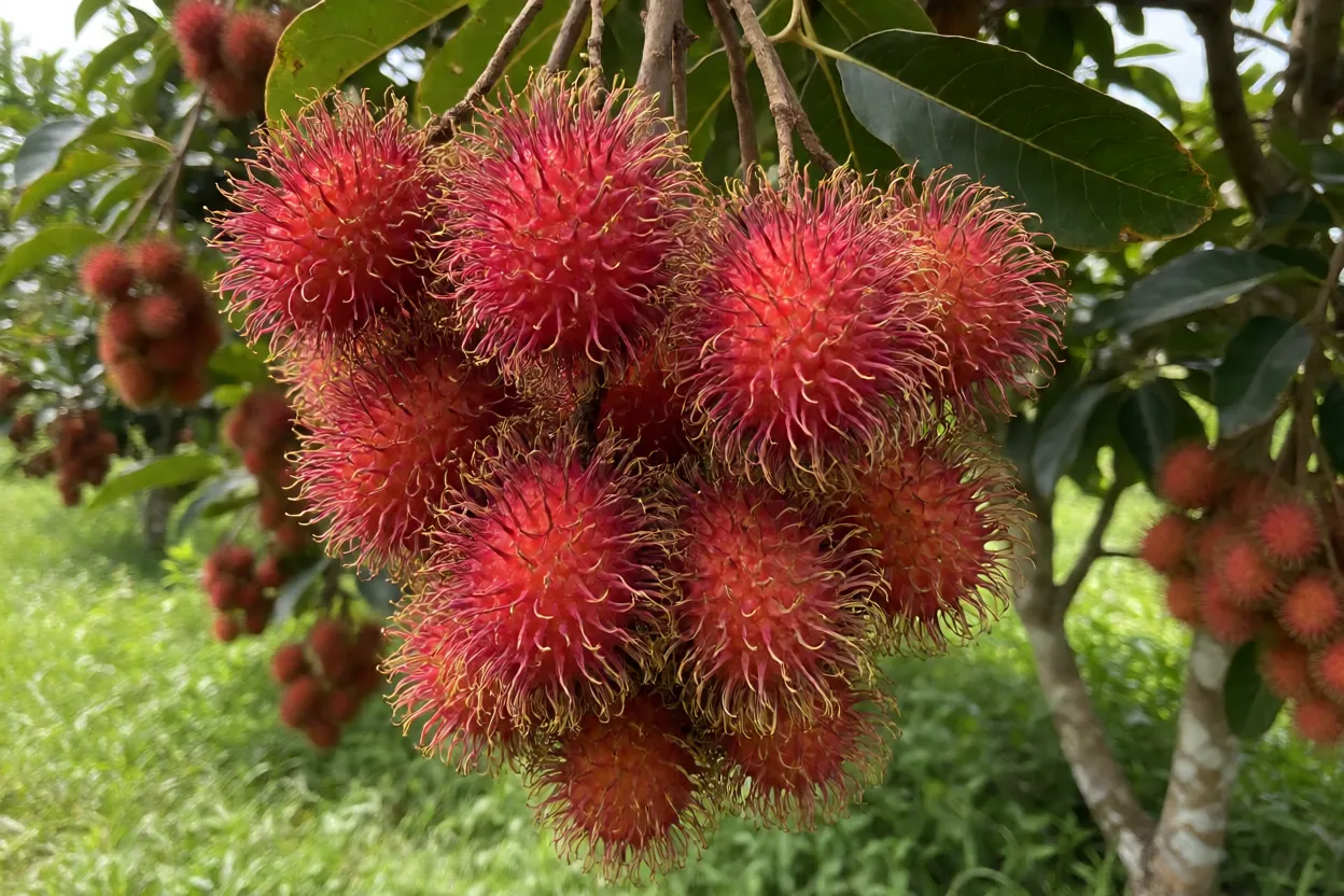 Cacho de rambutan vermelho e peludo ainda na árvore