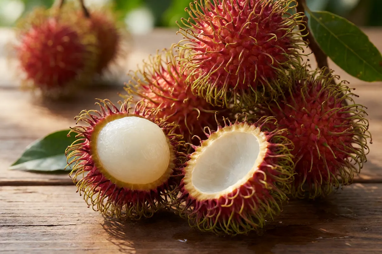 Frutos de rambutão inteiros e cortado mostrando polpa branca translúcida