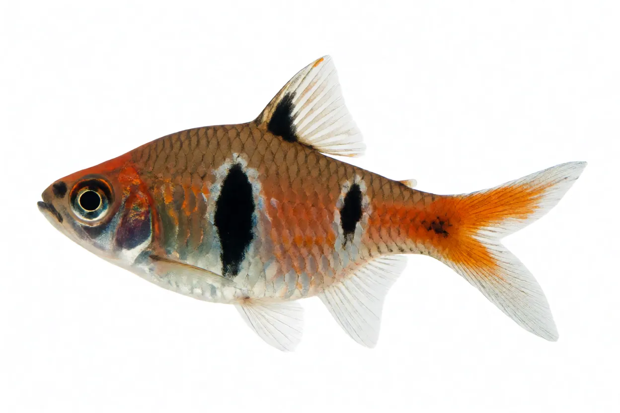 Rasbora-arlequim Rasbora-arlequim de perfil mostrando corpo cobre-alaranjado e triângulo preto característico