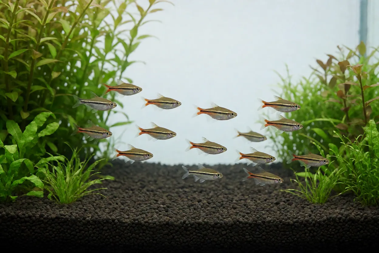 Cardume de Rasbora-tesoura em aquário plantado com espaço livre para nado