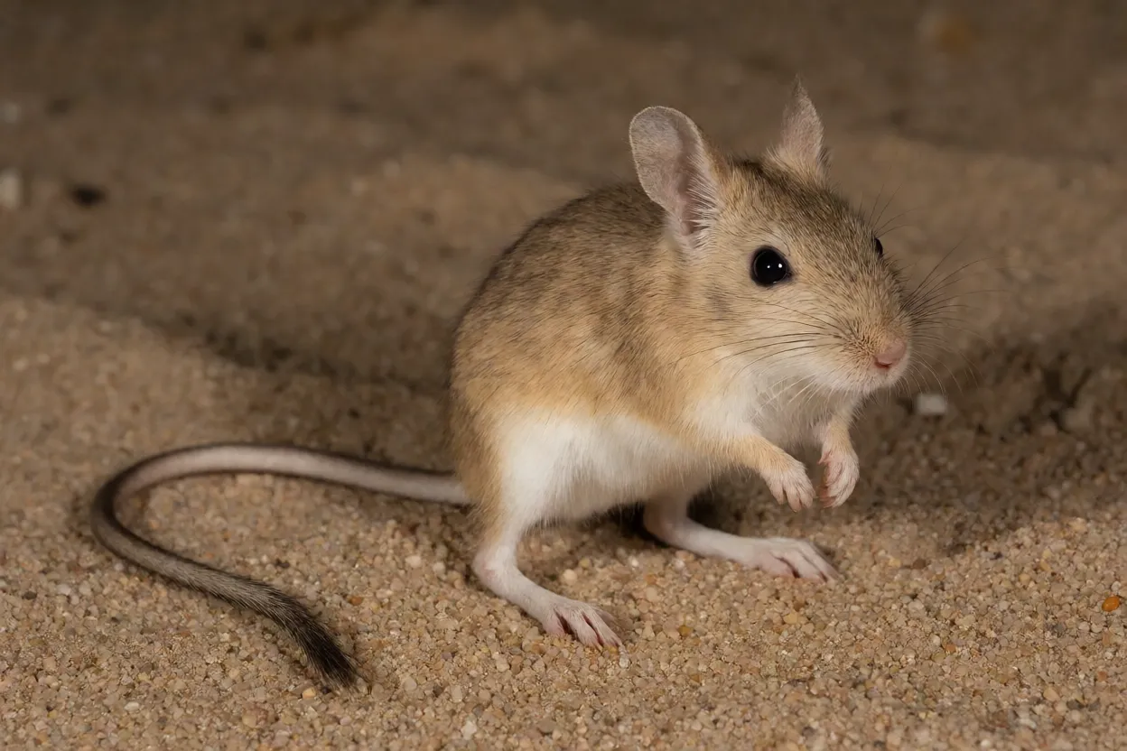 Rato-canguru adulto de corpo inteiro na areia do deserto