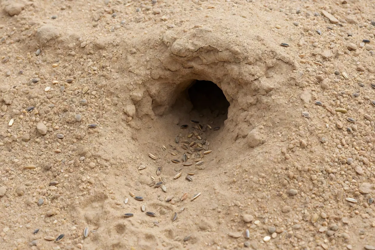 Toca de rato-canguru no solo arenoso do deserto