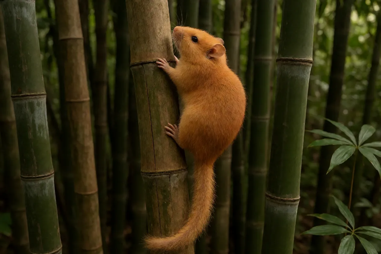Rato-de-bambu adulto de corpo inteiro escalando colmo de bambu nativo