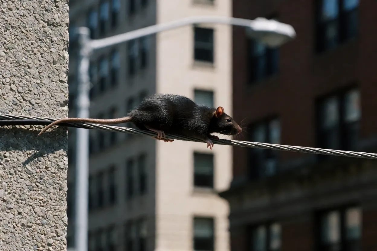 Rato-preto escalando fio elétrico com equilíbrio da cauda