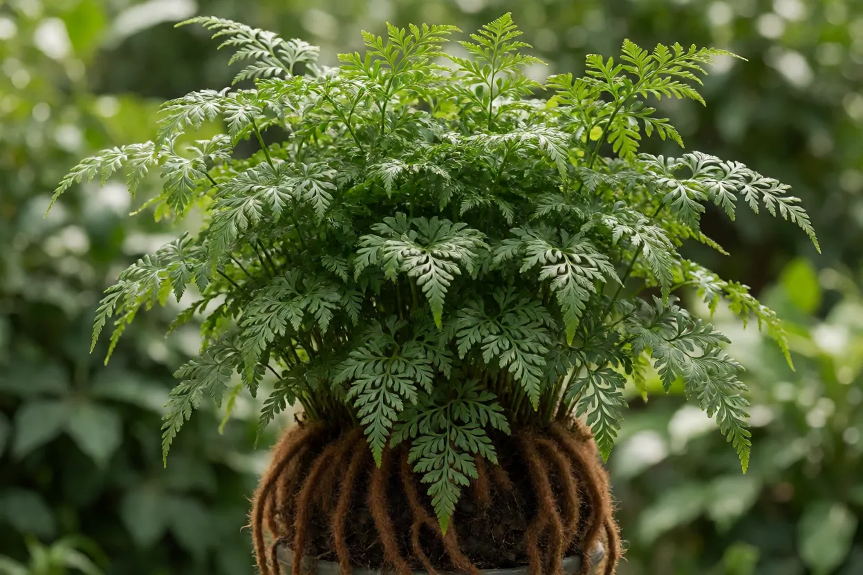 Renda-portuguesa: características das folhas, cultivo e cuidados Renda-portuguesa com folhas finamente recortadas e rizomas peludos