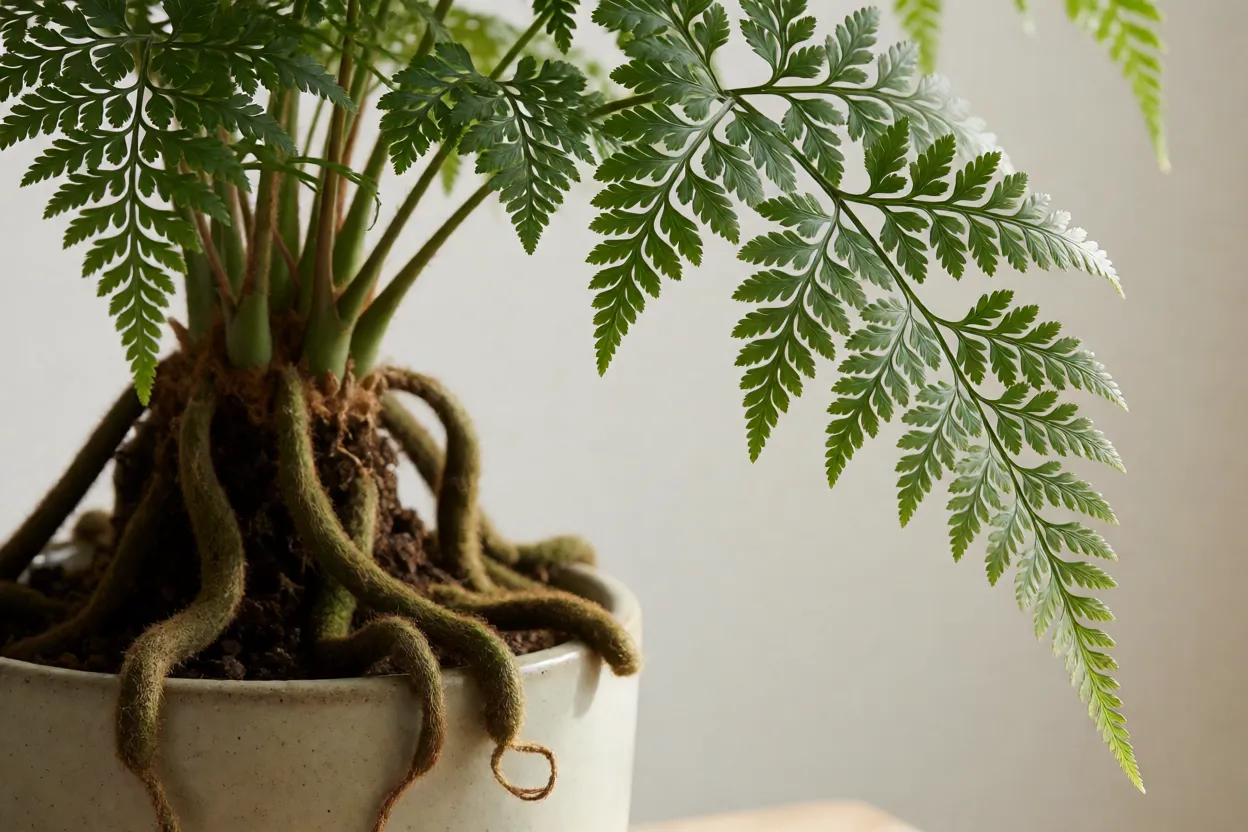 Renda-portuguesa: características das folhas, cultivo e cuidados Rizomas peludos da renda-portuguesa saindo do vaso