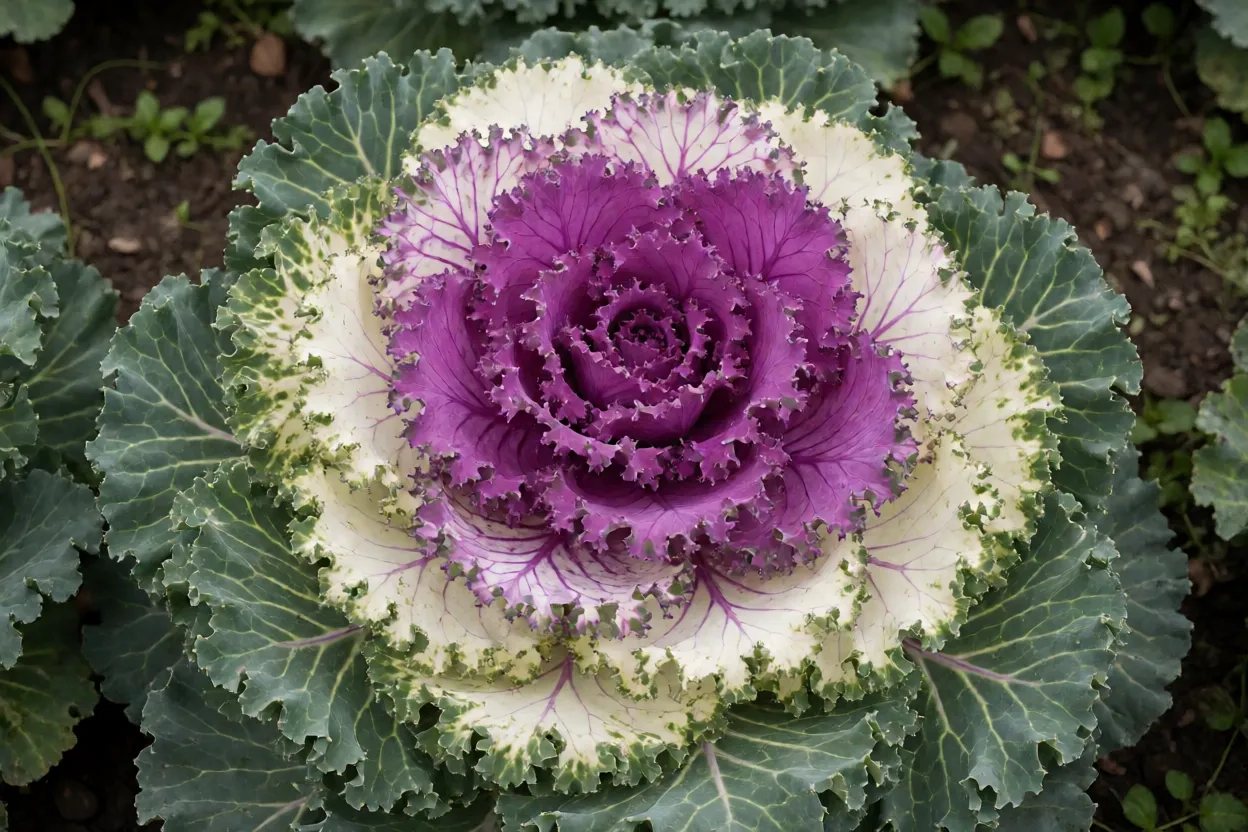 Repolho-ornamental adulto com roseta roxa e branca em canteiro de jardim