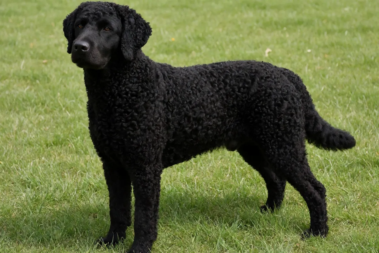 Retriever de Pelo Encaracolado adulto de pelagem preta em pé na grama, vista de três quartos