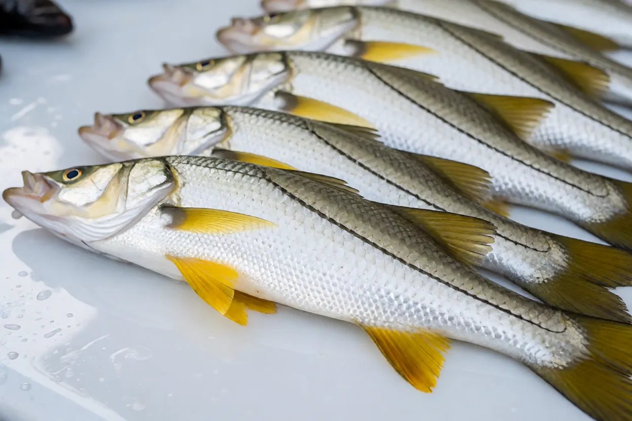 Robalo fresco inteiro sobre superfície úmida pronto para preparo culinário