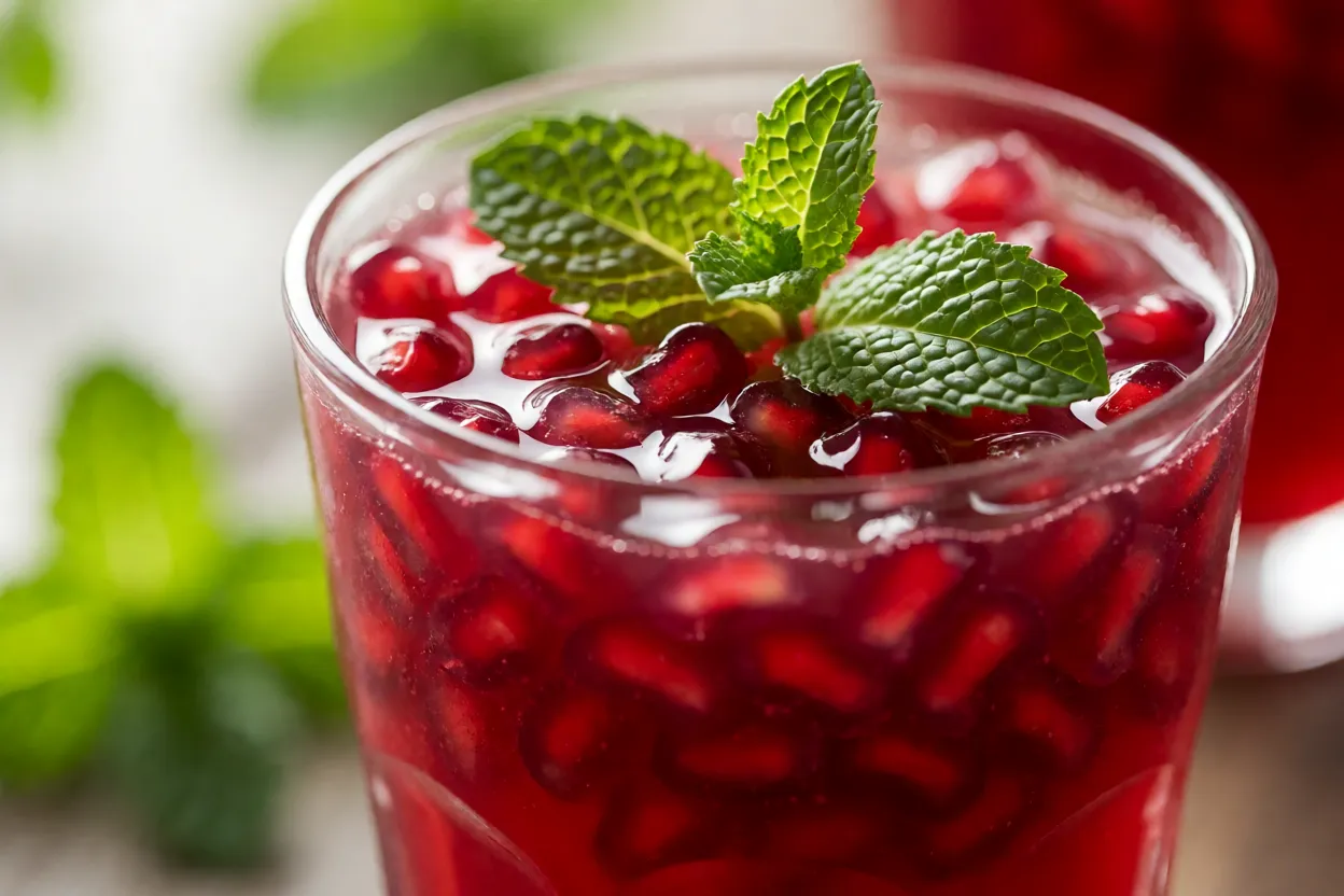 Copo de suco de romã com arilos e folhas de hortelã