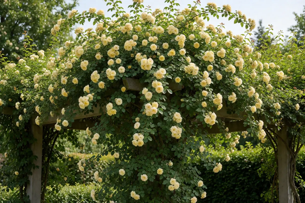 Rosa-banksiae amarela cobrindo pérgola com cachos de flores pequenas