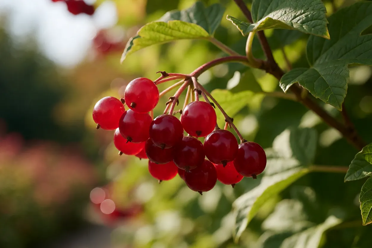 Cacho de frutos vermelhos translúcidos de rosa-de-gueldres na planta