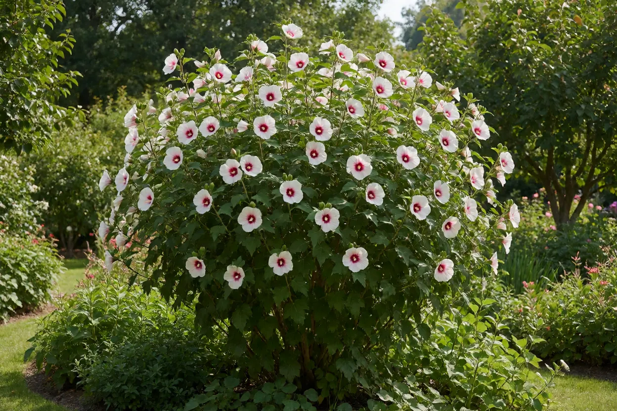Rosa-de-sarom arbusto adulto florido no jardim em sol pleno
