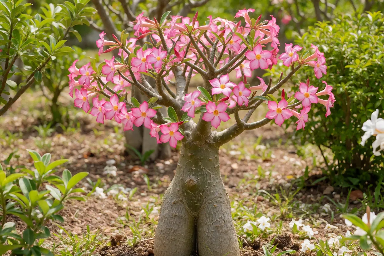 Rosa-do-deserto adulta com caudex grosso e flores rosas em jardim ensolarado