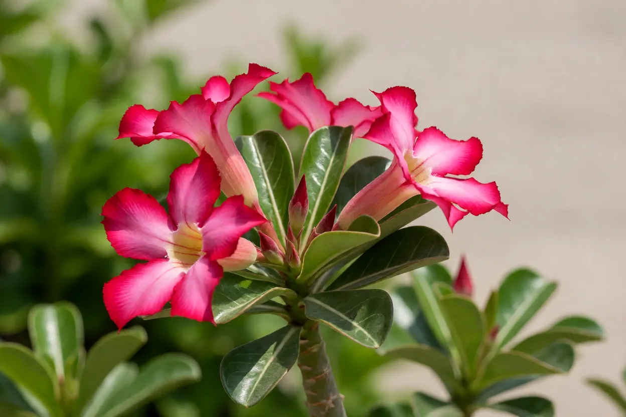 Close-up das flores e folhas da rosa-do-deserto