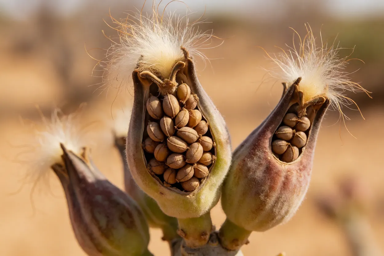 Frutos e sementes com pelos sedosos da rosa-do-deserto